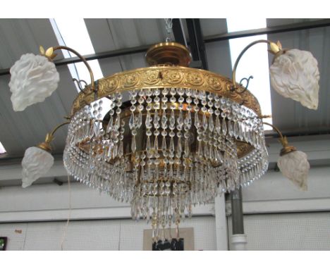 HANGING LAMP, with ten branches, circular, in brass frame with glass drops, 94cm diam x 78cm H, plus chain. (with faults)