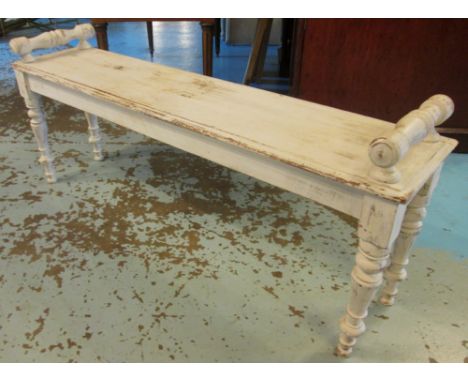 HALL BENCH, Victorian distressed white painted mahogany on turned supports, 137cm x 33cm x 59cm H. 