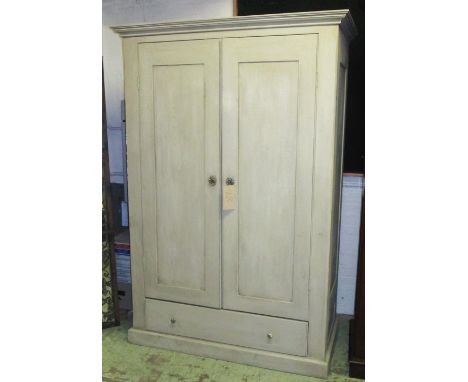ARMOIRE, French vintage style traditionally grey painted with two panelled doors and hanging space above a full width drawer,