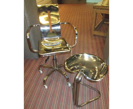 SWIVEL DESK CHAIR, polished metal and height adjustable 55cm W and a similar tractor stool, 42cm W. (2)
