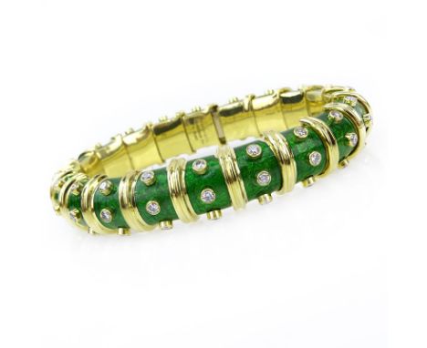 Schlumberger for Tiffany & Co 18 Karat Yellow Gold, Enamel and Diamond Bangle Bracelet. Signed Tiffany & Co, Schlumberger STD