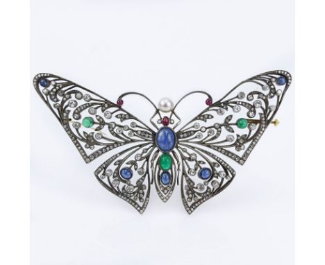 Large Art Nouveau style Diamond, Cabochon Sapphire, Emerald and Ruby, Pearl, 14 Karat Yellow Gold and Silver Butterfly Brooch