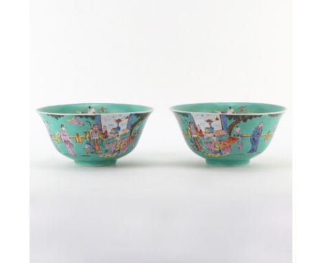 Pair of Antique Chinese Republic Period Enamel Hand Painted Bowl. Stamped red mark and China, Ovington's Auction sticker labe