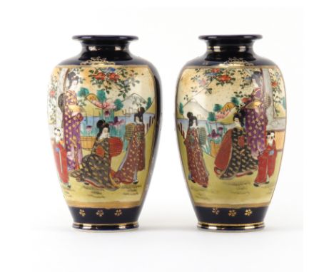 Pair of Antique Japanese Satsuma Cobalt Blue Hand Painted Portrait Vases. Signed, Meiji period. Some wear to gilt. Measures 7