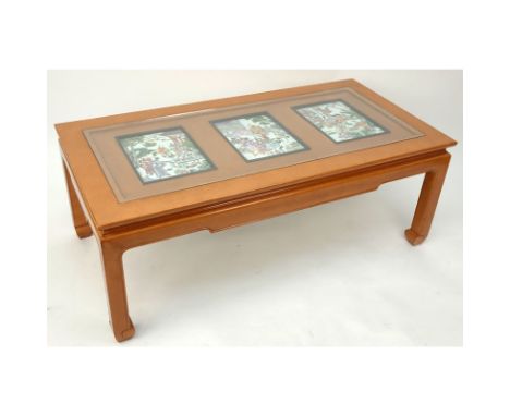 Mid Century Chinese Wooden Glass Top Coffee Table Mounted with Three Chinese Enamel Hand Painted Porcelain Plaques. All plaqu