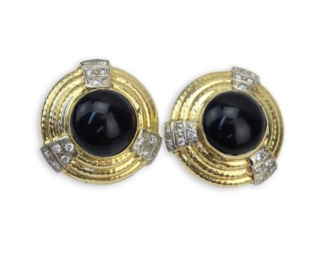 Pair of Vintage Italian Round Brilliant Cut Diamond, Black Onyx and 14 Karat Yellow Gold Earrings. Diamonds F-G color, VS cla