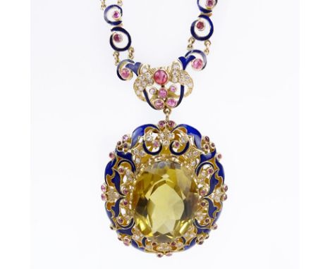 Vintage Victorian style Approx. 70.0 Carat Oval Cut Citrine, 1.0 Carat Diamond, Cabochon and Round Cut Ruby, Enamel and 18 Ka