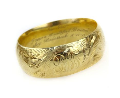 Vintage 14 Karat Yellow Wide Cuff Bangle with Engraving. Monogramed PBF. Inscription and dated 1971 to inside. Surface wear a