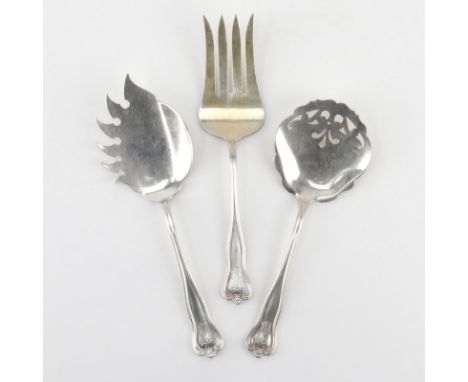 Three (3) Galt & Bro Solid Sterling Silver Serving Pieces. Includes: meat serving fork, pierced serving spoon, and macaroni s