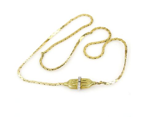 Vintage 14 Karat Yellow Gold Necklace with Diamond Accented Clasp. Stamped 14K. Surface wear from normal use. Measures 24-1/4
