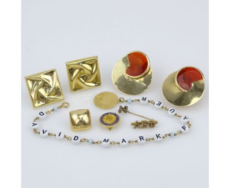 Vintage Eight (8) Piece 14 Karat Yellow Jewelry Lot Including a Pair of Earrings with Carved Carnelian, Pair of Square Earrin