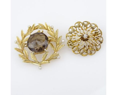 Vintage 14 Karat Yellow Gold and Small Round Cut Diamond Brooch together with a 14 Karat yellow Gold, Topaz and Seed Pearl Pe