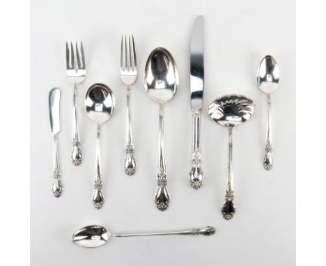 Fifty Seven (57) Pc Circa 1950 International Silver "Brocade" Sterling Silver Flatware. Includes: 8 dinner forks, 8 salad for