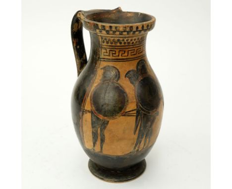 Etruscan Style Pottery Pitcher. Soldier with shields motif. Unsigned. Wear or in good condition. Measures 8-1/2" H. Shipping 