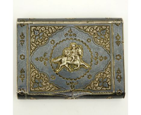 Early 20th Century Russian Steel Cigarette Case with Hidden Match and Lighter Compartments and Gilt Interior. Unsigned. Rubbi