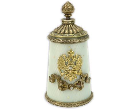 Early 20th Century Russian 88 Gilt Silver, Guilloche Enamel and Rose Cut Diamond Glue Pot. Stamped  Faberge, AH and 88 Kokosh