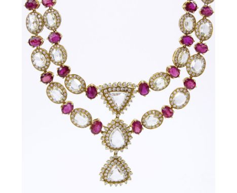 Approx. 21.23 Carat Rose Cut Diamond, 31.95 Carat Oval Cut Burma Ruby and 18 Karat Yellow Gold Necklace. Rubies with vivid sa