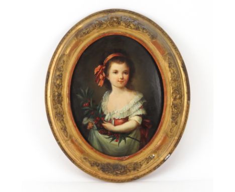 19th Century Oil On Board "Portrait Of A Child With Berries" Unsigned. Light crazing or in good condition. Measures 11" x 8-1