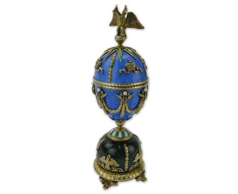 Early 20th Century Russian Gilt Silver, Nephrite Jade and Guilloche Enamel Egg accented with Rose Cut Diamonds and Seed Pearl