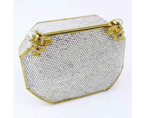 Judith Leiber Full Bead Gold Crystal Minaudiere. Criss cross pearl, crystal and cabochon shaped push clasp closure. Includes 