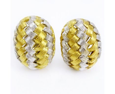 Vintage 18 Karat Yellow and White Gold Basket Weave Earrings. Unsigned. Good condition. Measure 1" H, 3/4" W. Approx. weight: