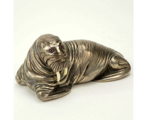 20th Century Russian 88 Silver Figural Walrus with Ruby Eyes. Stamped 88 Kokoshnik, IP. Good condition. Measures 2-1/8" H, 4-