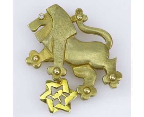 Vintage 14 Karat Yellow Gold Lion Pendant/Brooch with Star of David, Small Diamond Accent. Stamped 14K. Inscribed UJA 1987. G