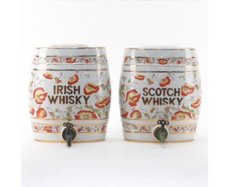 Two (2) Hollinshead & Kirkham Tunstall England "Iolanthe" Ceramic Whiskey Barrel. Floral décor with gilt trim. Stamped on und