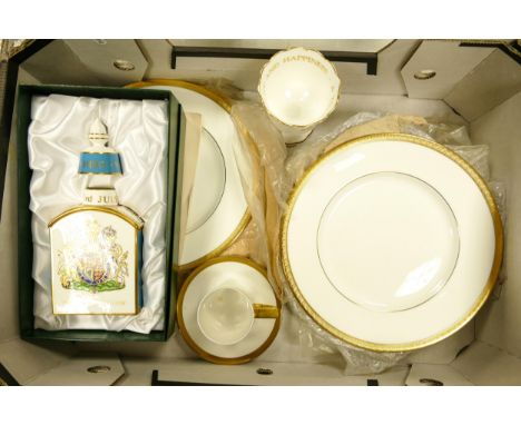 A collection of Royal Doulton 'Royal Gold' Dinner Plate together with a commemorative lidded tea caddy etc. 
