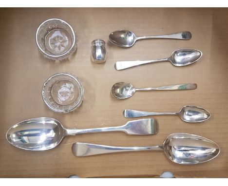 A small collection of English Sterling Silver Items to include Georgian and Early Victorian Spoons together with Silver Colla