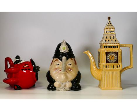 Three Novelty Teapots to include Carltonware Red Baron, Kensington Big Ben and another English Police Officer example 
