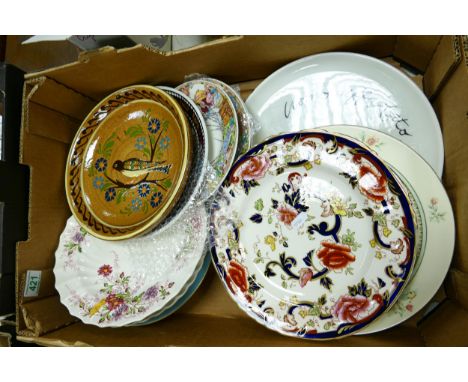 A mixed collection of decorative wall plates including modern slip ware item decorated with birds, Masons Blue Mandalay , Cop