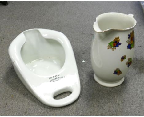 Boots Branded Ideal Bed &amp; Douche Slipper together with floral decorated wash basin jug, height 28cm(2) 