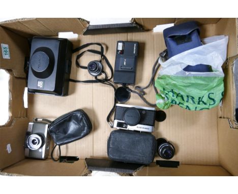 A collection of vintage film camera to include Polaroid EE100 Special, Olympus Trip 35 (light meter working), Olympus Pen-EE 