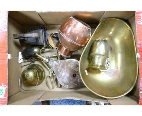 A mixed collection of metal ware items to include Water Jug, Shops scales trough , cast iron iron &amp; stand, tea caddy etc 