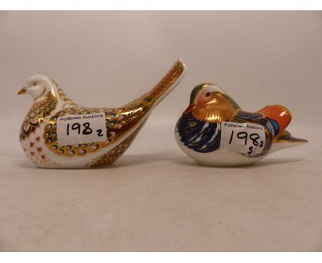 Royal Crown Derby Paperweight Mandarin Duck and Pigeon both with silver stoppers (height of tallest 9.5cm) 