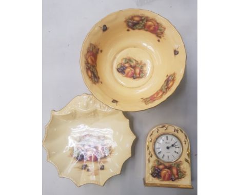 Aynsley Orchard Gold pattern items to include Fruit Bowl, Mantle Clock and shaped dish (3)