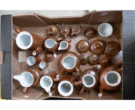 Royal Worcester fireproof ware in brown to include tea and coffee pots, jugs and 2 items of Apilco ware and 3 unmarked minitu