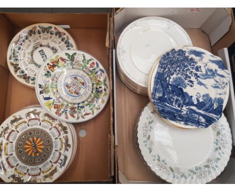 A mixed collection of ceramic items to include 11 Wedgwood calendar plates, 6 large Johnson Bros serving plates, 12 Royal Dou