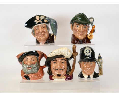 Royal Doulton Small Character Jugs The Sleuth D6635, Long John Silver D6386, The London Bobby D6762, Porthos D6453 &amp; Fals