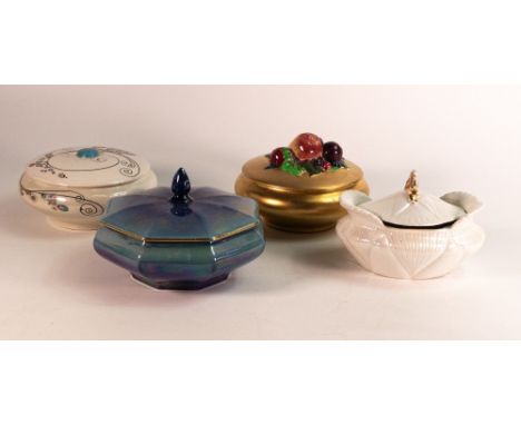 Shelley powder bowls pattern 8616 x 3fruit on lid, 8387 butterflies on blue lustre, 8571 Jazz pattern together with Wileman s