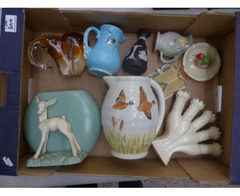 A mixed collection of ceramic items to include Shorter large and small Jug, Wade golden turquoise Jug, Wedgwood Black Jasperw