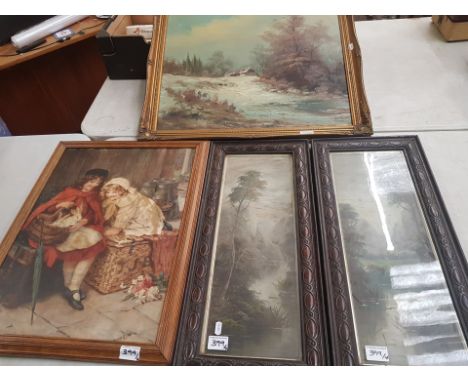 A collection of artwork to include a framed oil on canvas signed lower right 'Lombardi', two early 20th Century framed prints
