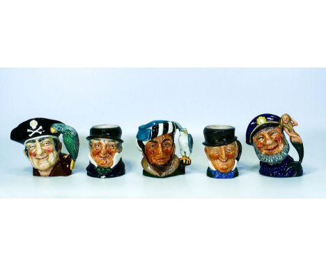 Royal Doulton small character jugs The Falconer D6540, Mr Micawber, Long John Silver, Captian Cuttle &amp; Old Salt D6554(5) 