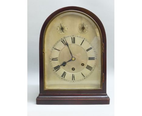 EARLY C20th MANTEL CLOCK WITH A SILVERED DIAL, SLOW/FAST AND CHIME/SILENT DIALS IN THE ARCH ABOVE, ENCLOSING A THREE TRAIN CH