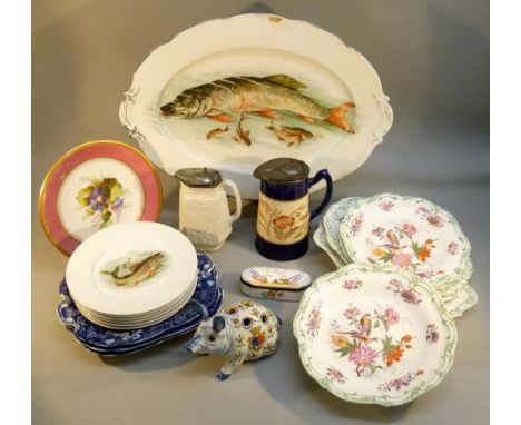 VICTORIAN BONE CHINA BIRD AND FLORAL PART DESSERT SET OF SEVEN PIECES, WORCESTER FLORAL PLATE, TWO HOT WATER JUGS, AUSTRIAN F