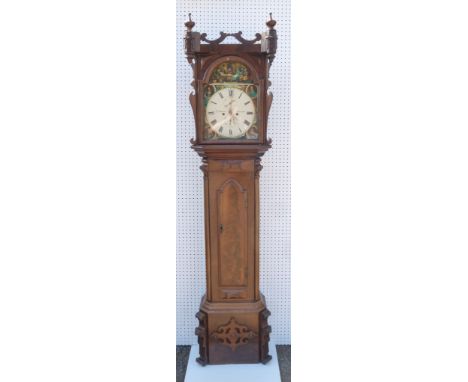 A VICTORIAN SCOTTISH LONGCASE CLOCK WITH A PAINTED ARCHED DIAL INSCRIBED "D. DAWSON, GLASGOW", SECONDS AND DATE DAILS, THE SP