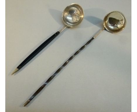 GEORGE III SILVER PUNCH LADLE WITH A CIRCULAR BOWL, INSET WITH A GEORGE II SHILLING 1758 AND EBONY HANDLE WITH SILVER FINIAL 