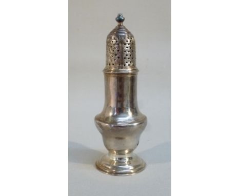 GEORGE III SILVER BALUSTER CASTER WITH A PIERCED DOMED COVER WITH URN FINIAL, ON A RAISED CIRCULAR FOOT, BY SAMUEL WOOD, LOND