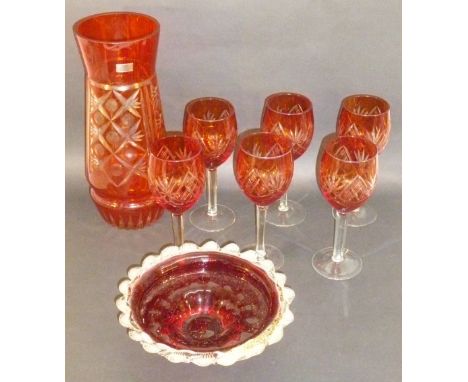 MODERN RUBY FLASH CUT GLASS VASE, SIX SIMILAR WINE GLASSES AND A MURANO RUBY DISH [8]